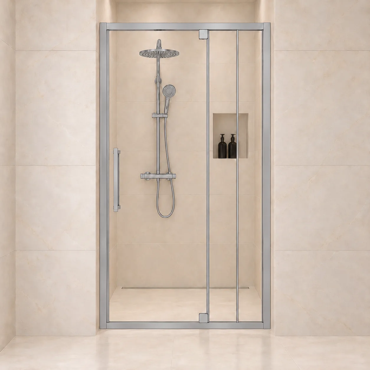AROJAY semi-frameless hinged shower door in chrome, 38–42 inches wide by 72 inches high, 6 mm clear tempered glass, closed front view with left handle