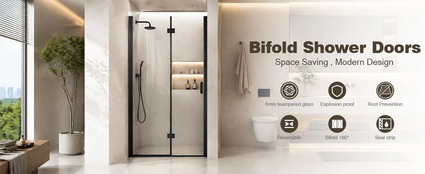 Frameless Bifold Pivot Shower Door with 1/4" Clear Tempered Glass, ARJ-P02-32-MB, detail image 1