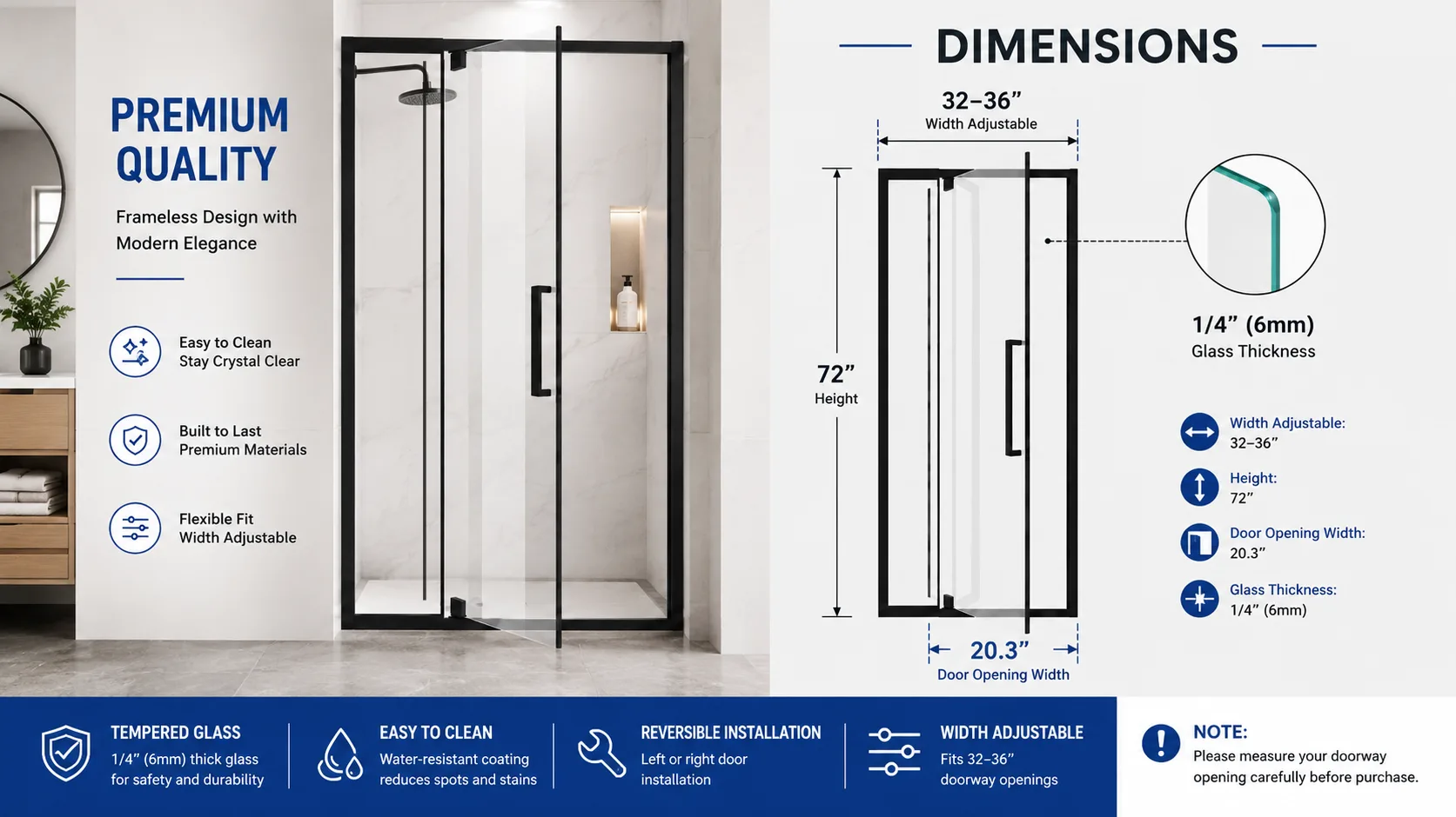 Semi-Frameless Hinged Shower Door with 1/4" Clear Tempered Glass, ARJ-J01-32-MB, detail image 3
