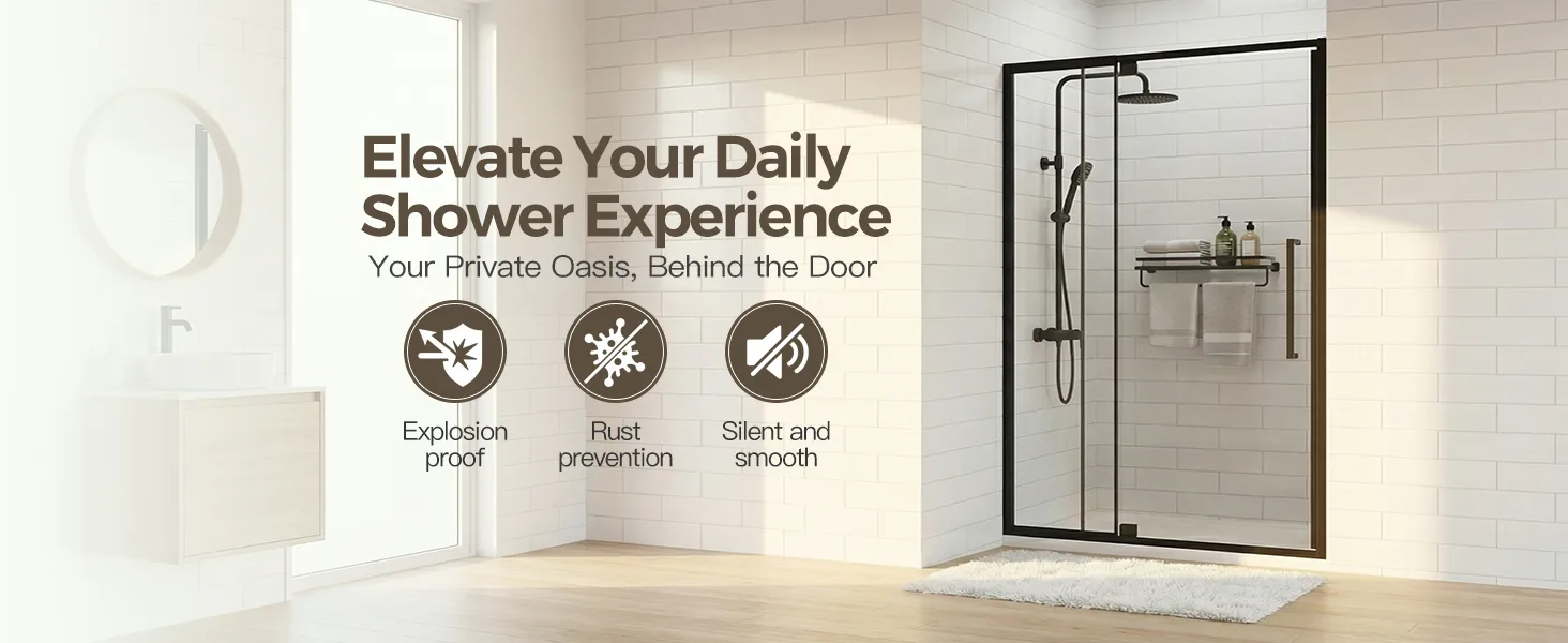 Semi-Frameless Hinged Shower Door with 1/4" Clear Tempered Glass, ARJ-J01-44-MB, detail image 1