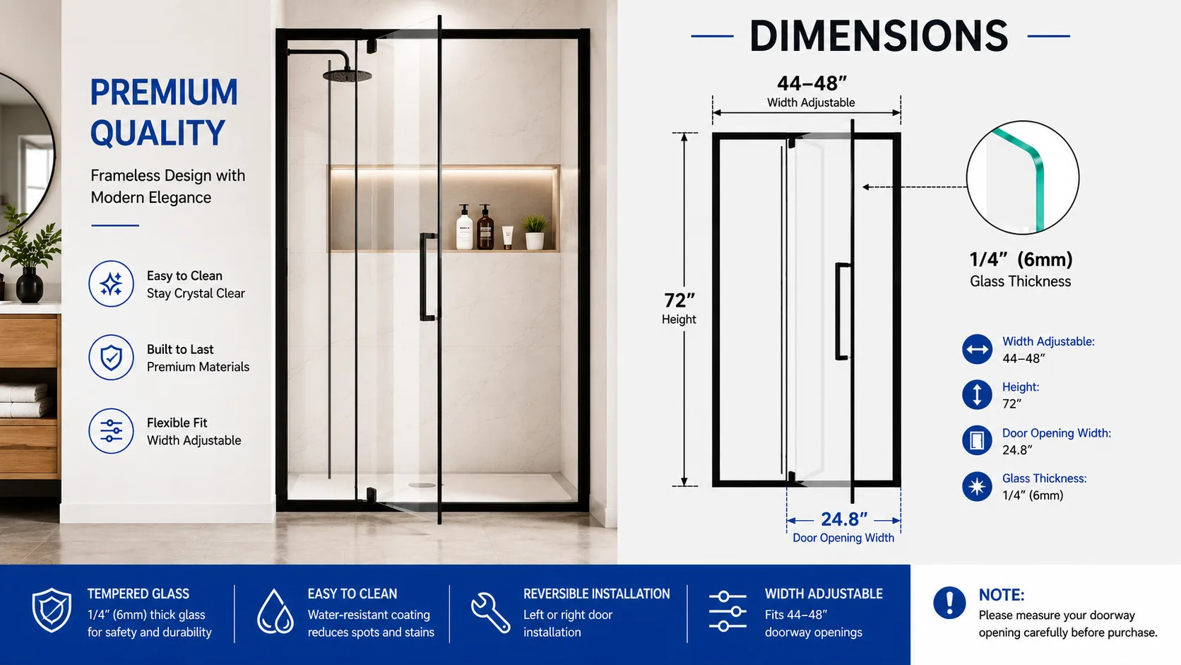 Semi-Frameless Hinged Shower Door with 1/4" Clear Tempered Glass, ARJ-J01-44-MB, detail image 15
