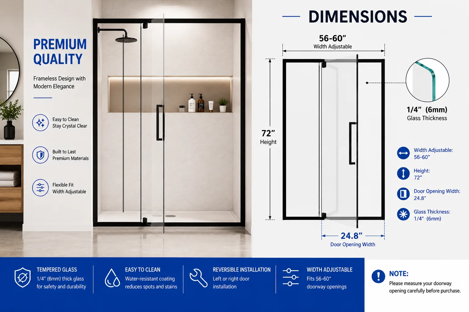 Semi-Frameless Hinged Shower Door with 1/4" Clear Tempered Glass, ARJ-J01-56-MB, detail image 15