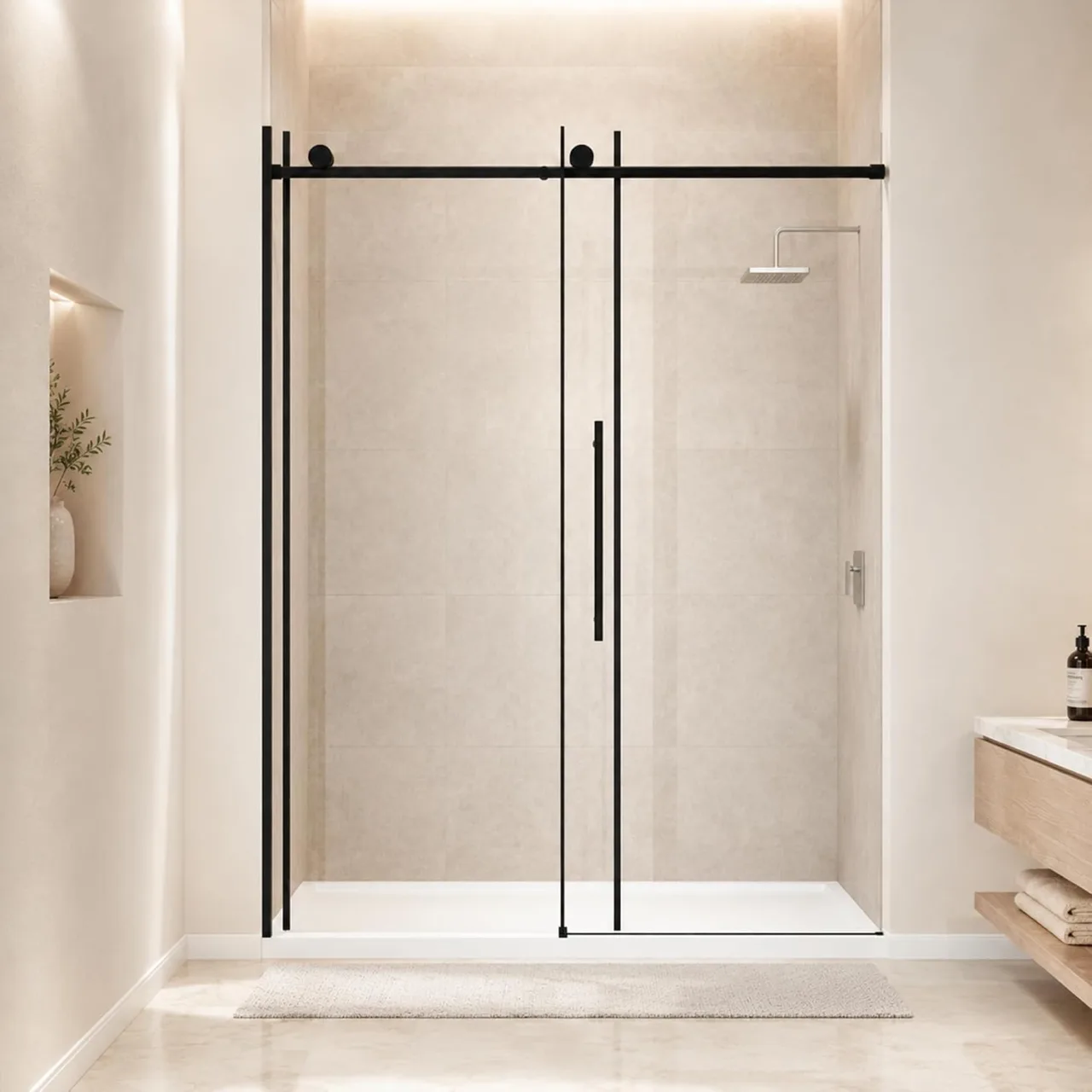 60" W x 73" H Frameless Sliding Shower Door with 5/16" Clear Tempered Glass in Matte Black, main product view