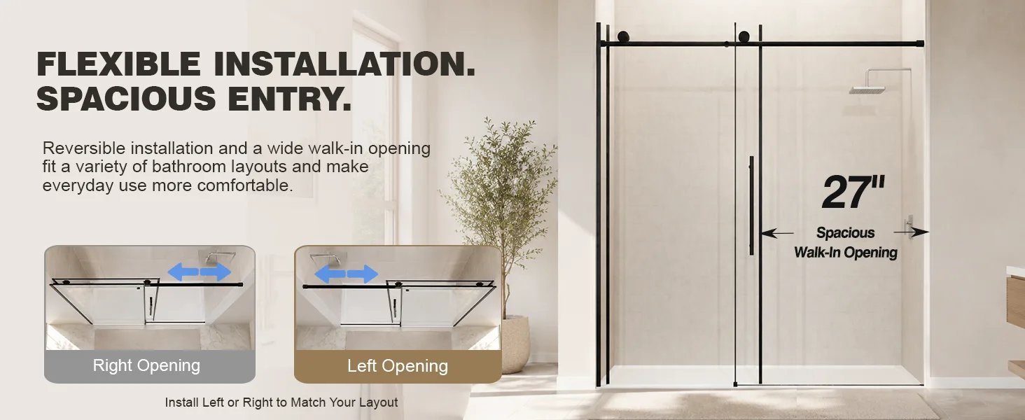 Frameless Sliding Shower Door with 5/16" Clear Tempered Glass, ARJ-S01-60-MB, detail image 2