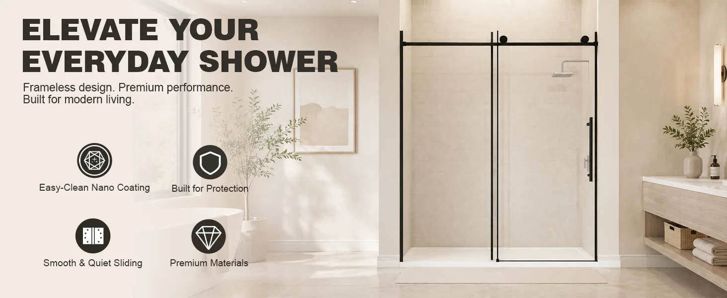 Frameless Sliding Shower Door with 5/16" Clear Tempered Glass, ARJ-S01-60-MB, detail image 1