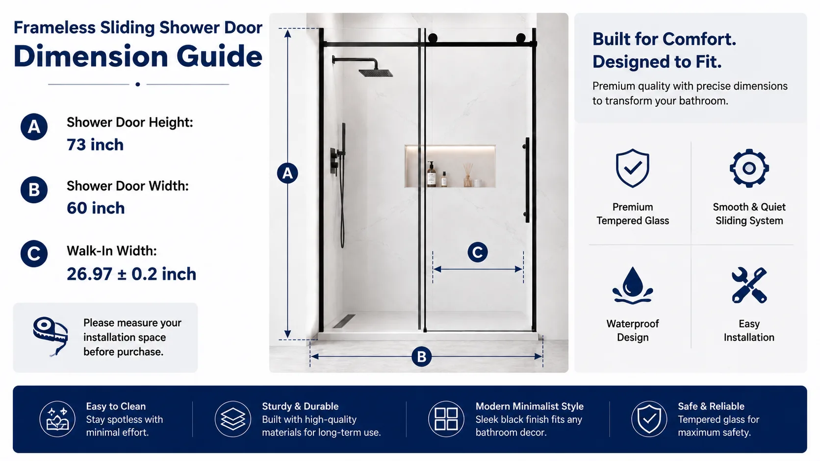 Frameless Sliding Shower Door with 5/16" Clear Tempered Glass, ARJ-S01-60-MB, detail image 11