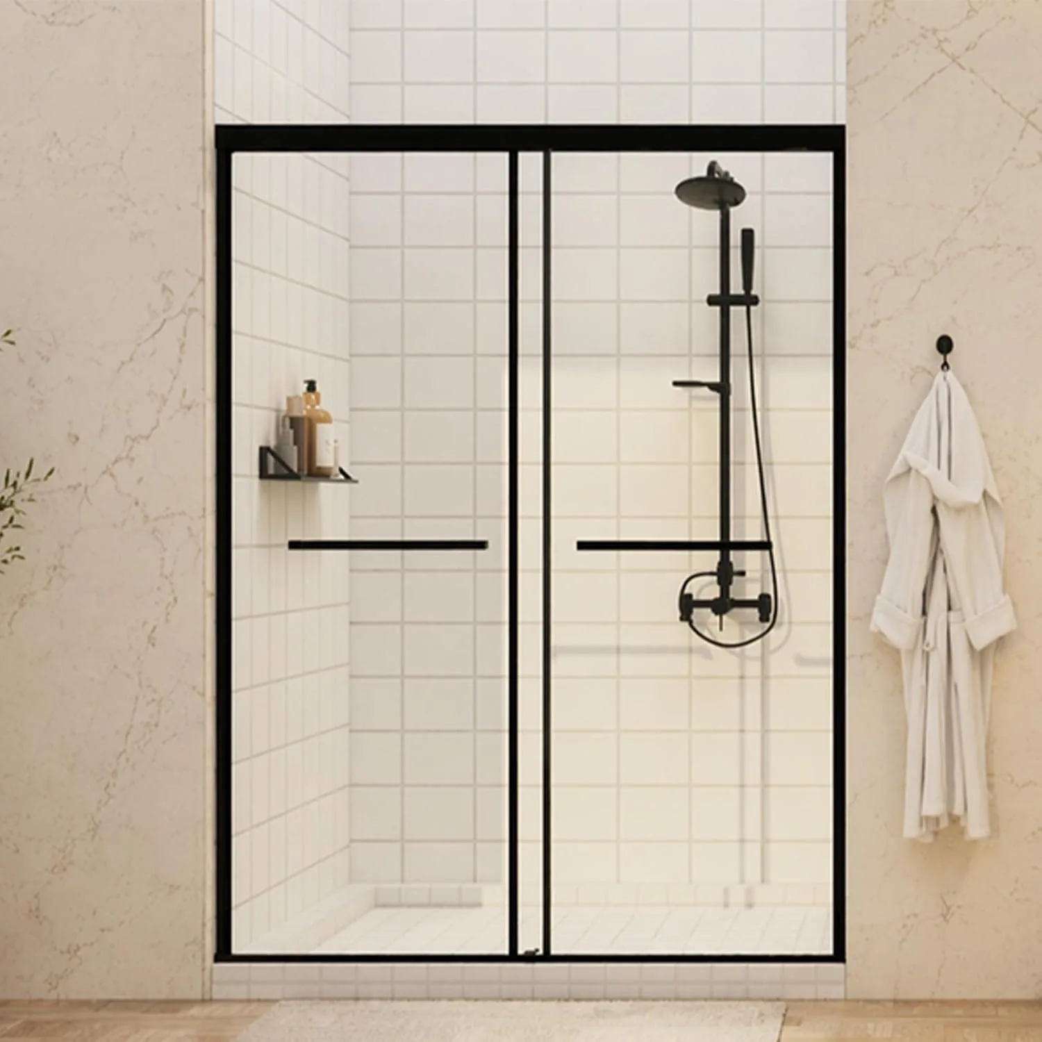 44–48" W x 72" H Semi-Frameless Double Sliding Shower Door with 1/4" Clear Tempered Glass, Matte Black Finish in Matte Black, alternate product view 2
