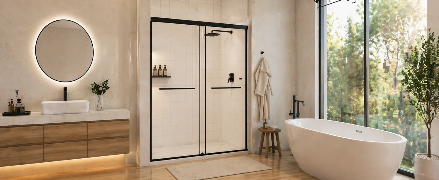 Semi-Frameless Double Sliding Shower Door with 1/4" Clear Tempered Glass, ARJ-S03-48-MB, detail image 11