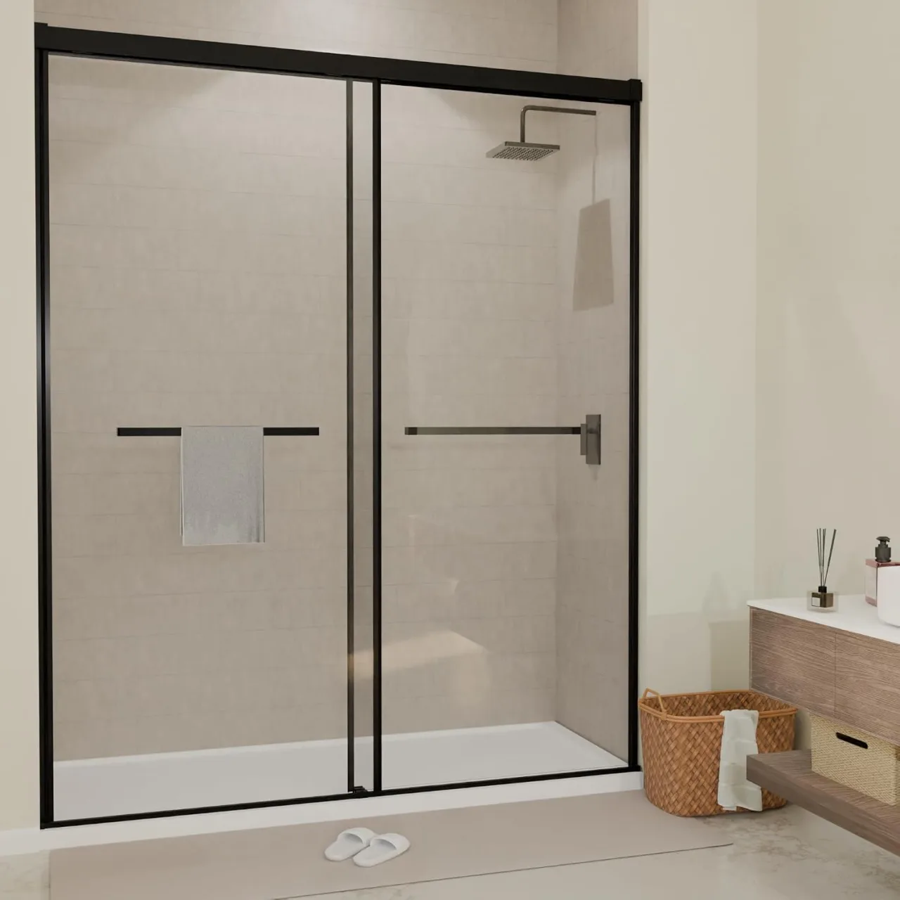 56–60" W x 72" H Semi-Frameless Double Sliding Shower Door with 1/4" Clear Tempered Glass, Matte Black Finish in Matte Black, main product view