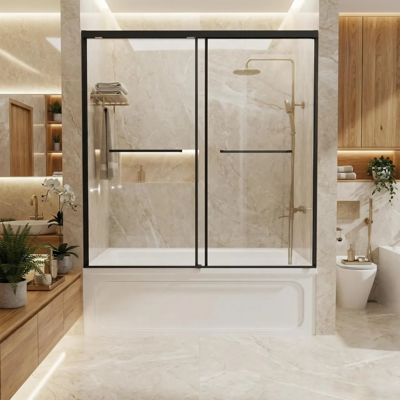 Semi-Frameless Double Sliding Bathtub Door with 1/4" Clear Tempered Glass