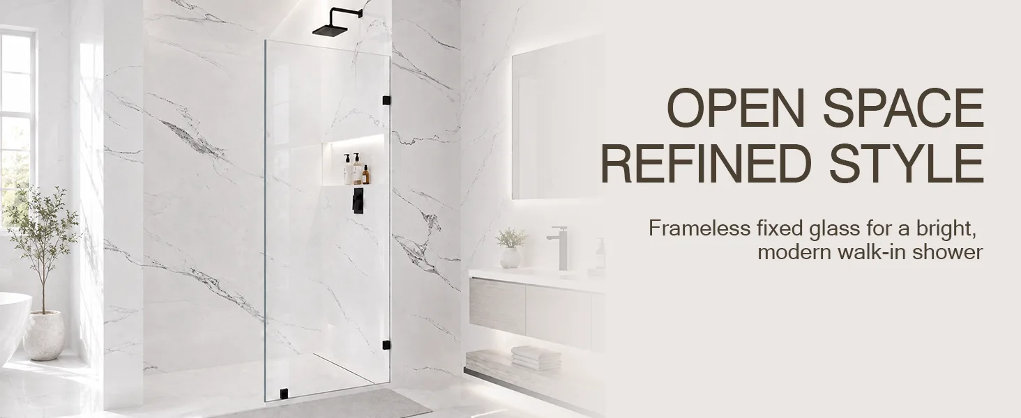 Frameless Fixed Shower Glass Panel with 3/8" Clear Tempered Glass, ARJ-W01-30-MB, detail image 1