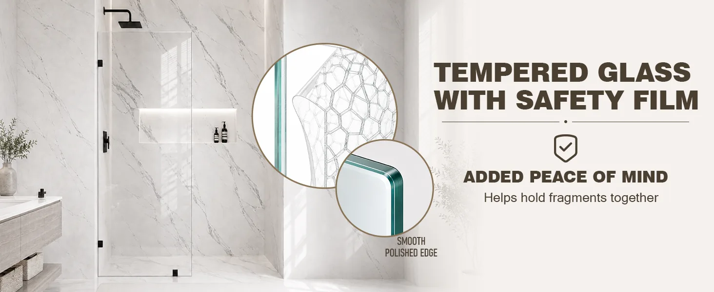 Frameless Fixed Shower Glass Panel with 3/8" Clear Tempered Glass, ARJ-W01-30-MB, detail image 7