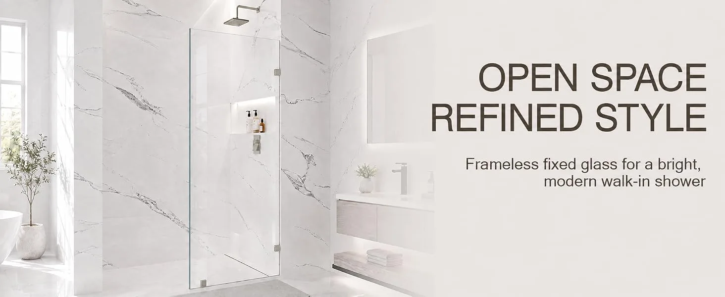 Frameless Fixed Shower Glass Panel with 3/8" Clear Tempered Glass, ARJ-W01-30-CH, detail image 1