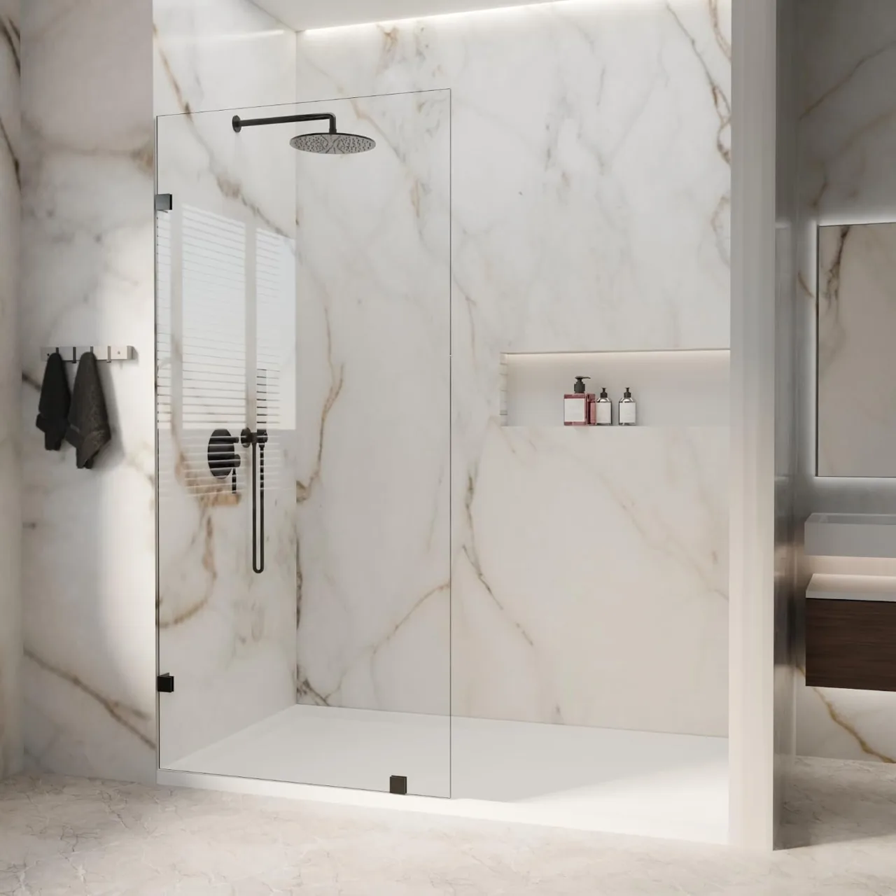 32" W x 72" H Frameless Fixed Shower Glass Panel with 3/8" Clear Tempered Glass in Matte Black, main product view